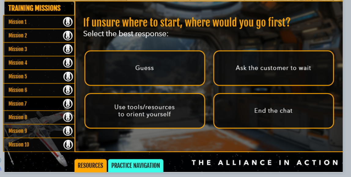 Mission screen asking where to start when unsure, with four response options.