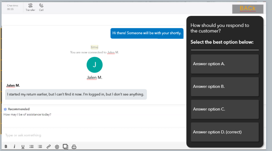 Simulated customer chat with response options the participant must choose from.