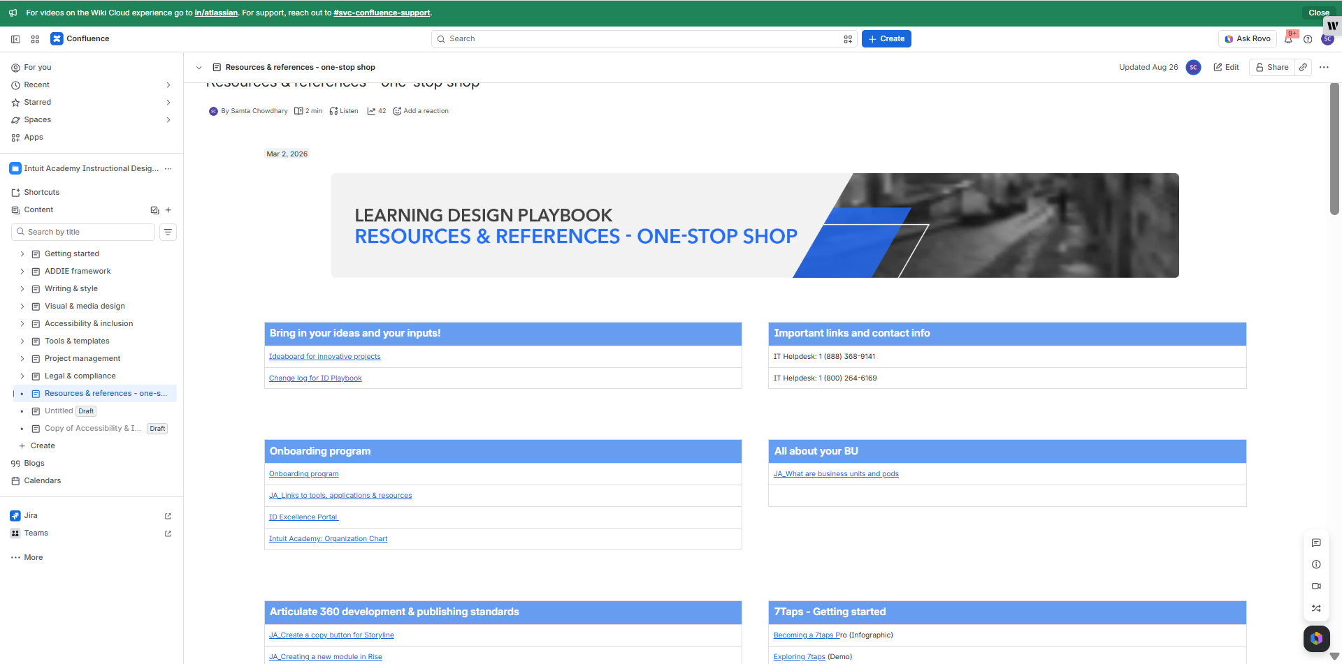Learning Design Playbook Confluence page showing the Resources & References one-stop shop with structured knowledge categories.