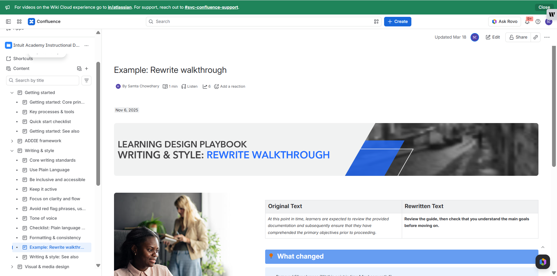 Learning Design Playbook Confluence page showing the Writing & Style Rewrite Walkthrough with the structured left navigation.