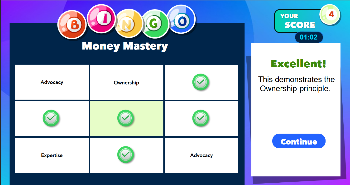 Immediate feedback screen connecting learner choices back to the underlying principle.