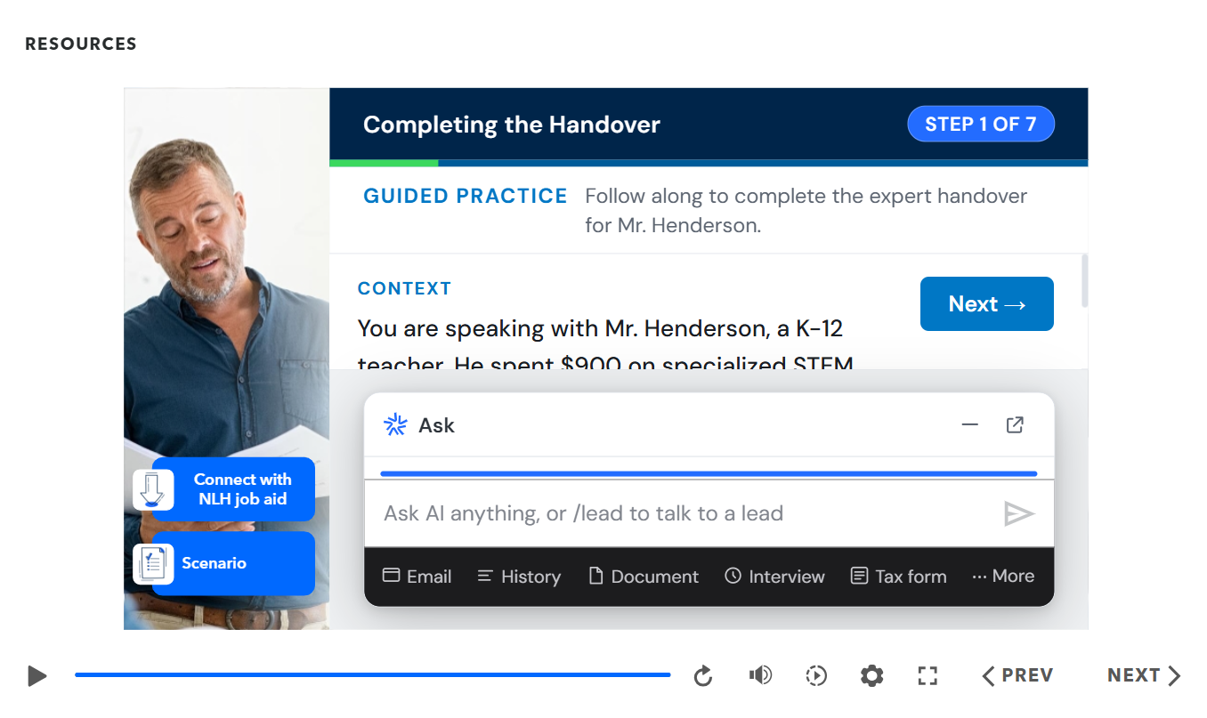 Redesigned guided-practice simulation placing the learner in a realistic customer scenario with an embedded AI interface.
