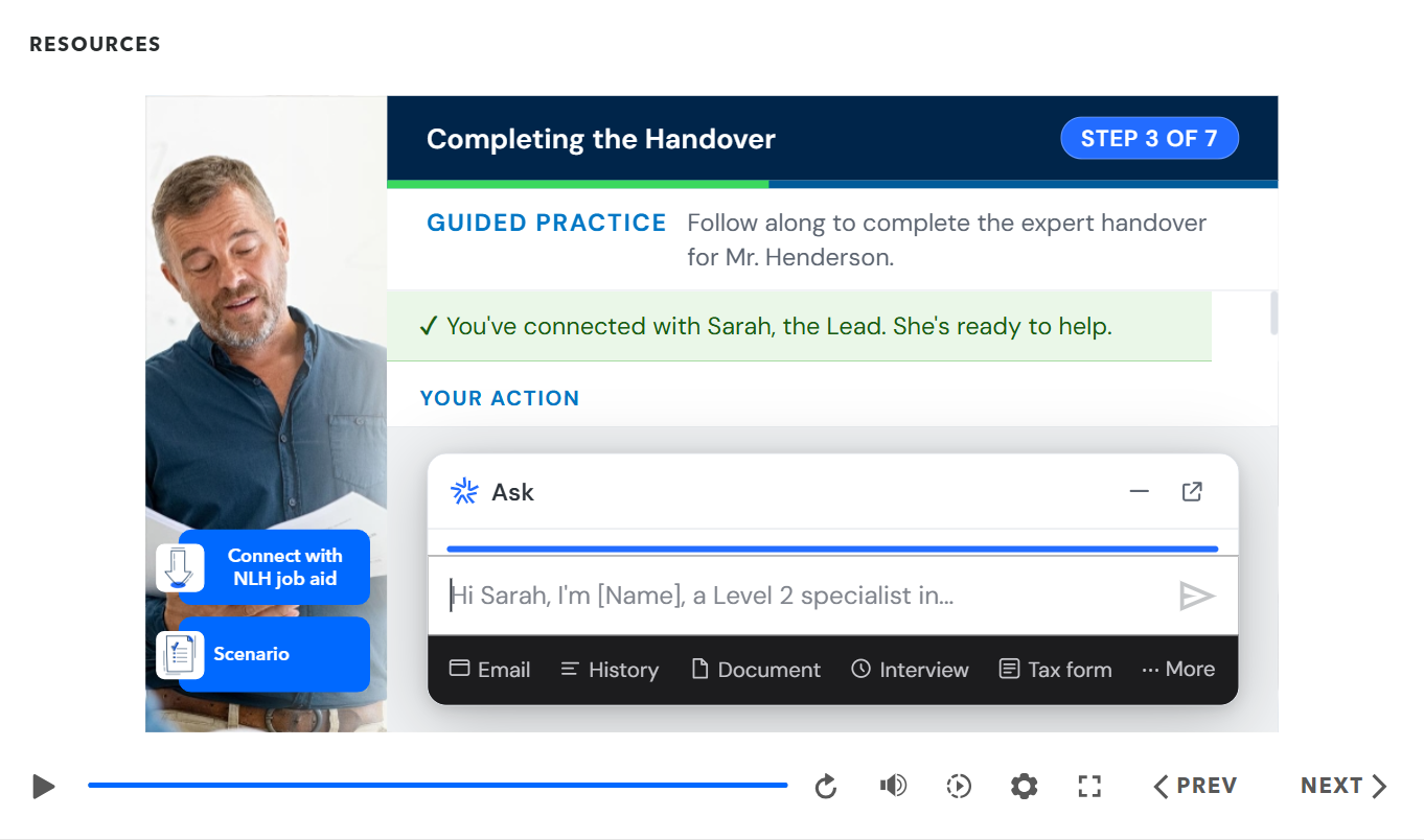 Guided-practice simulation providing confirmation after the learner successfully connects with a lead.