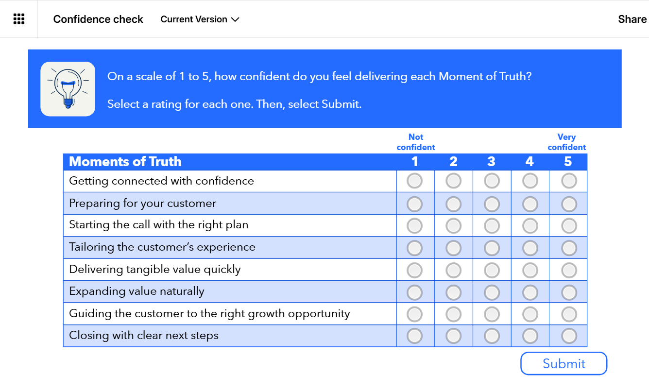 Confidence check screen asking learners to rate confidence from 1 to 5 for each Moment of Truth.