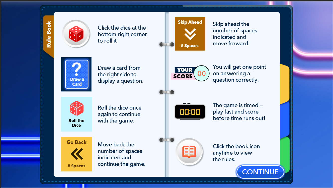 Mechanics mockup for the game-based knowledge practice experience, showing dice rolls, question cards, scoring, and timing.